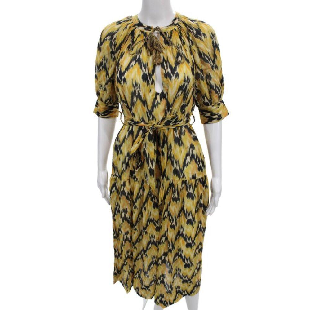 Ulla Johnson Women Boho Midi Dress Black Cotton Geometric Tie Waist Size S